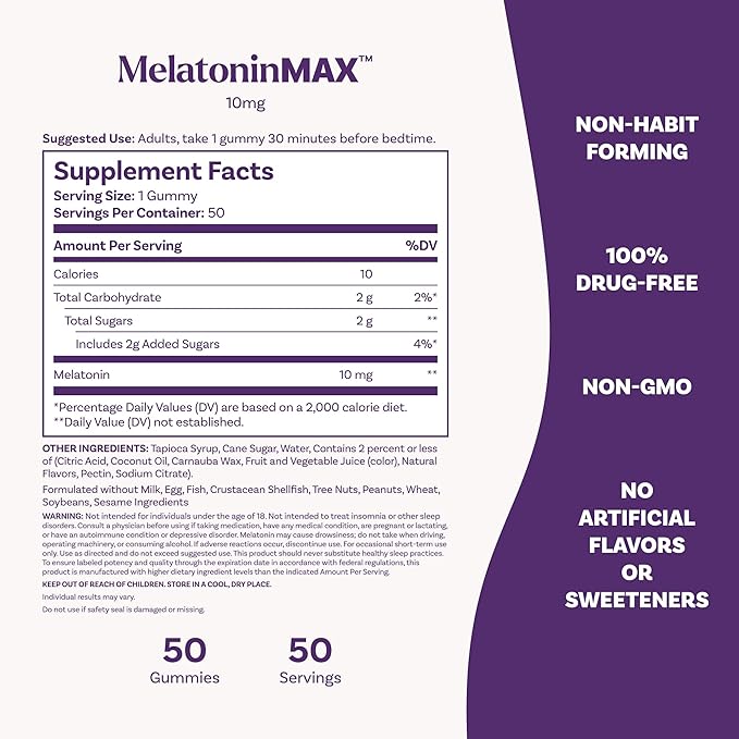 Natrol Melatonin 10mg Sleep Aid Supplement, 50 Count MelatoninMax Gummies, Blueberry Flavor, 10 mg Melatonin Gummies for Occasional Sleeplessness, 50 Day Supply
