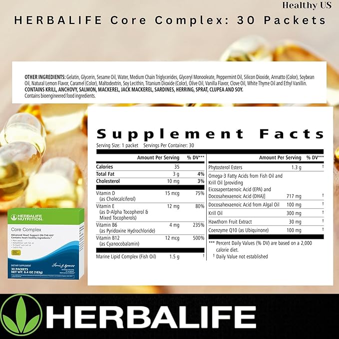 Herbalife Core Complex: 30 Packets 6.04 Oz (183g) Advanced Heart Support ON-The-GO, Supports Healthy Cholesterol, Contains Heart Healthy Ingredients with Vitamin D, Vitamin E, Vitamin B6, Vitamin B12