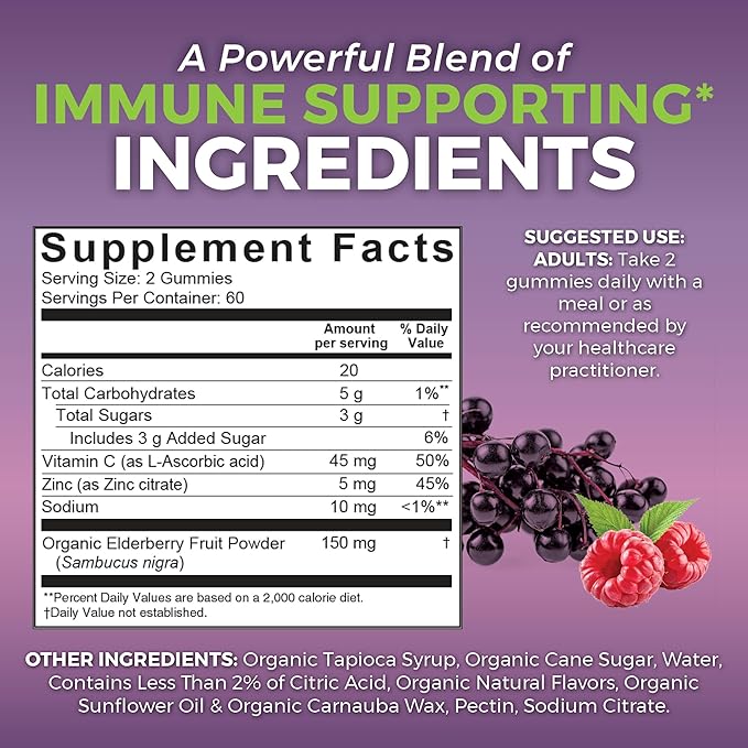 Viva Naturals Organic Sambucus Elderberry Gummies for Adults (120 Count) - 3in1 Black Elderberry Vitamin C and Zinc Immune Support Gummies, Chewable Elderberry Supplements, Zinc Immunity Gummies