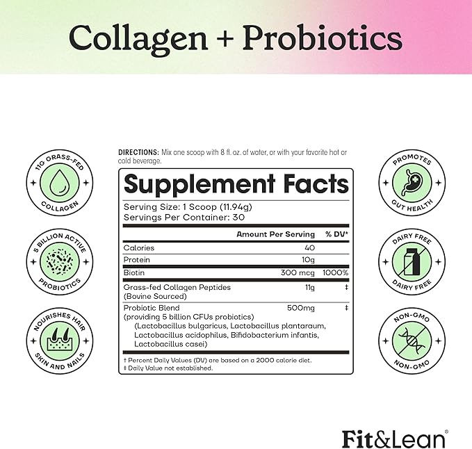 Fit & Lean Collagen + Probiotics- Grass-fed Collagen Peptide Powder, Unflavored, 12.64oz
