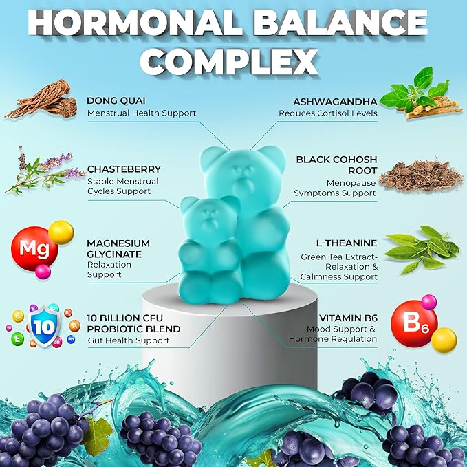 PMS Gummies Hormonal Balance Supplements For Women - Probiotic PMS Vitamins Menstrual Cramp Relief, Hot Flashes Menopause Support - PMS Relief with Dong Quai, Chasteberry, Black Cohosh & Ashwagandha