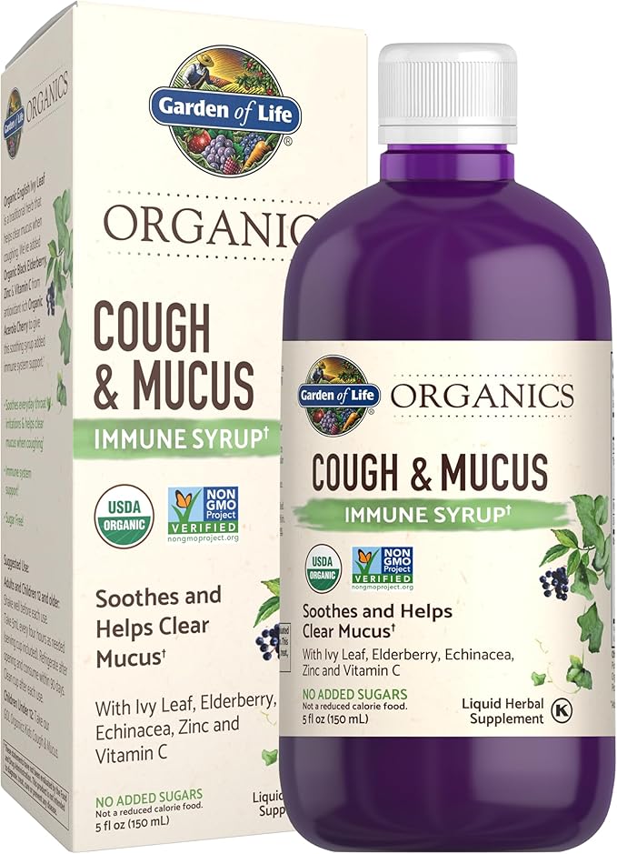 Garden of Life Organics Elderberry Zinc Immune Support for Adults and Kids 12 and Older, Organic Cough & Mucus Immune Syrup with Ivy Leaf, Vitamin C and Echinacea, No Added Sugars, 5 Fl oz