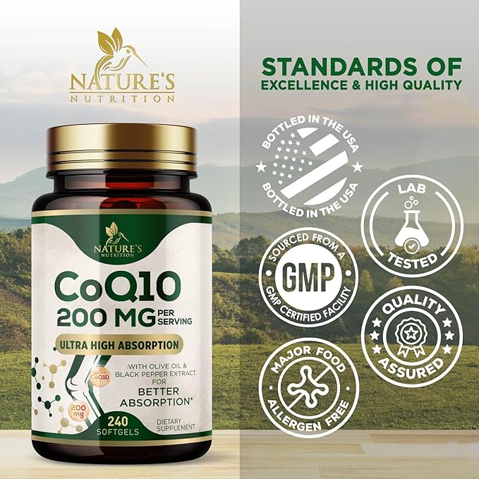 CoQ10 200mg Softgels - Better Absorption, Antioxidant for Heart Health & Cellular Energy Support - Nature's Co Q10 Vitamins, Non-GMO & Gluten Free, Coenzyme Q10 Supplement - 240 Softgels