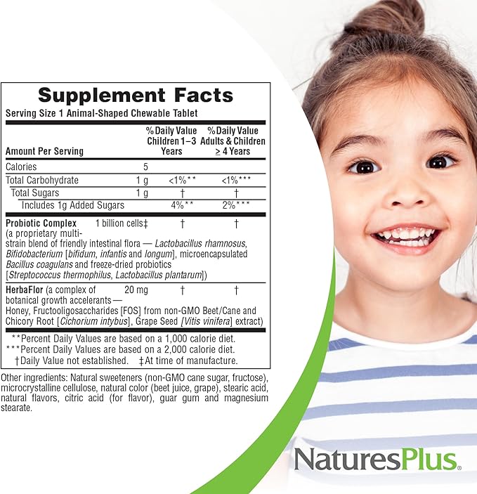Natures Plus Animal Parade AcidophiKidz, Berry Flavor - 90 Chewable, Animal-Shaped Tablets - with Probiotics, FOS & Grape Seed - 90 Total Servings
