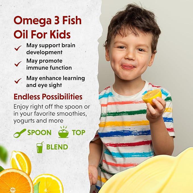 Barlean's Omega Pals Lipsmackin' Citrus Flavored Omega-3 for Kids, Yummy Children's Liquid Fish Oil Supplement with 750 mg of EPA & DHA for Brain & Eye Health, 8 oz