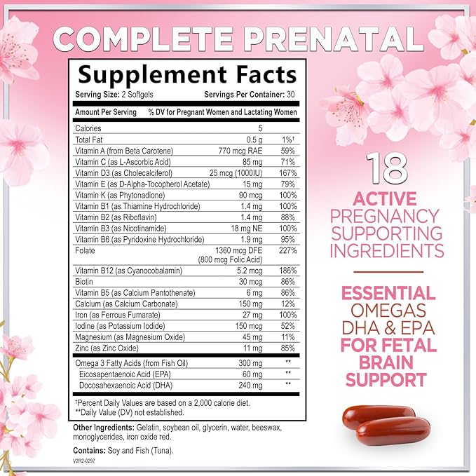 Women's Prenatal Multivitamin with Folic Acid + DHA, Essential Prenatal Vitamins with Folate, Omega 3, Vitamin D3, B6, B12 & Iron, Pregnancy Support Supplement for Mom and Baby - 60 Softgels