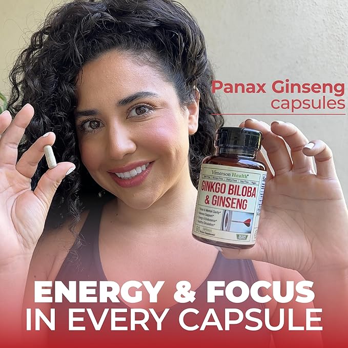 Ginseng Extract & Ginkgo Biloba Supplements - Extra Strength Nootropics Brain Support Supplement for Memory & Focus - Panax Ginseng Root 800mg + Gingko 600mg + Ginkgo Biloba 120mg Extract. 60 capsules