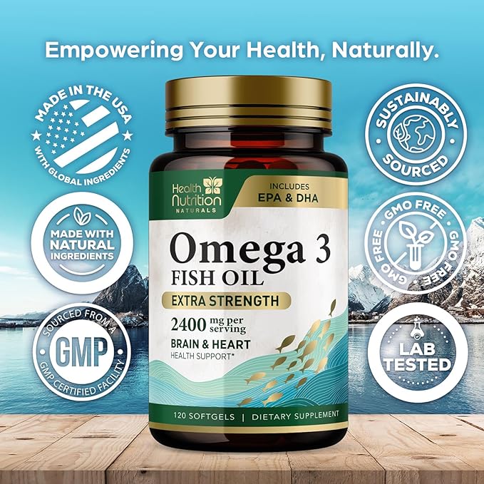 Omega 3 Fish Oil Triple Strength 1200 mg Softgels, Omega-3 Supplements, Natural Brain Heart Health & Immune Support - Fatty Acids with EPA & DHA - Wild Caught Fish Oil Supplement - 120 Softgels