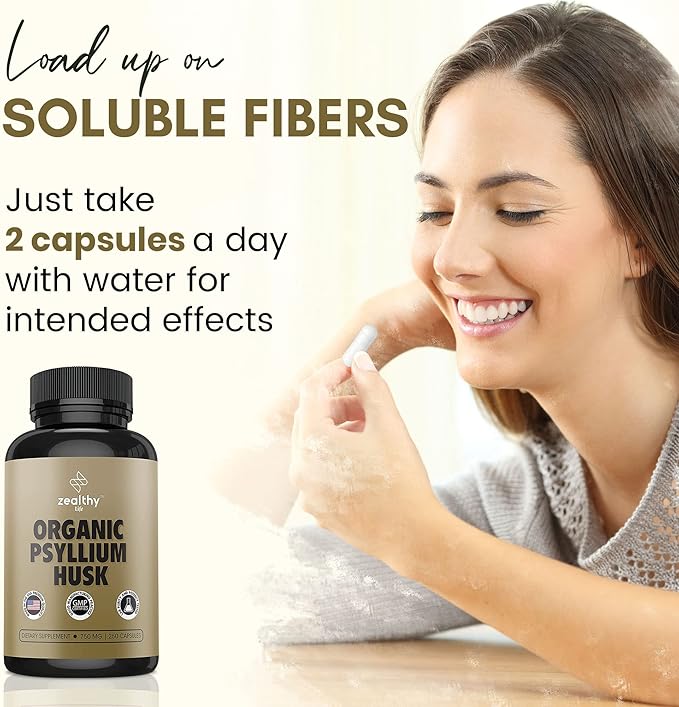 Organic Psyllium Husk Capsules, Natural Fiber Supplement for Gut Health* - Alternative to Psyllium Husk Powder, Zealthy Life, 250 Capsules