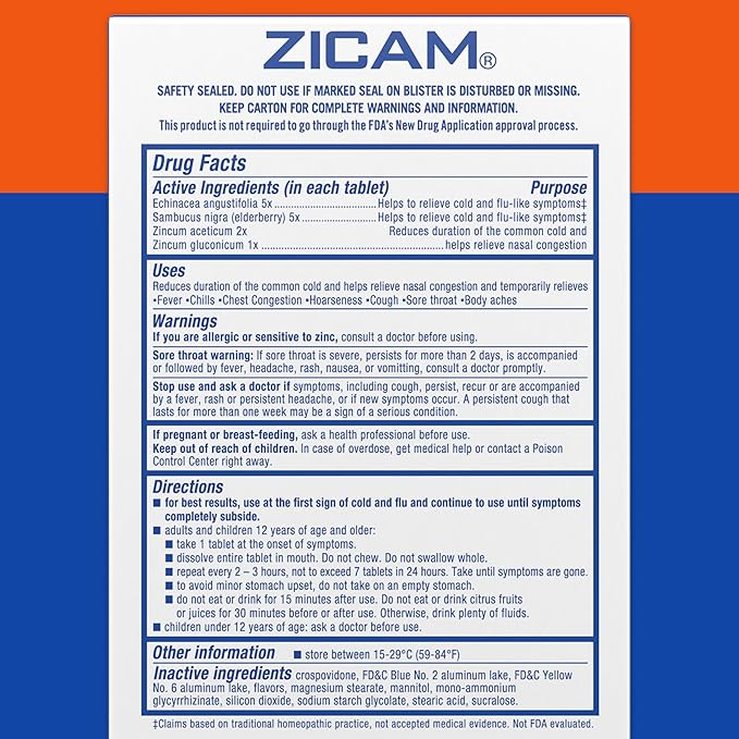 Zicam Cold & Flu-Like Symptoms with Echinacea and Sambucus, Homeopathic, Zinc, Cooling Peppermint Flavor, Helps with Cold Symptoms, 20 Tablets