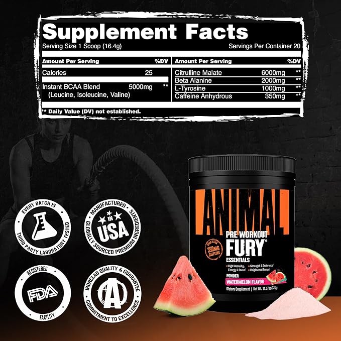 Animal Fury Pre Workout Powder - Watermelon, 350mg Caffeine, BCAA Amino Acids, 2g Beta Alanine, Citrulline & Tyrosine, Energy, Focus, Strength, Endurance, Preworkout for Men & Women, 20 Servings