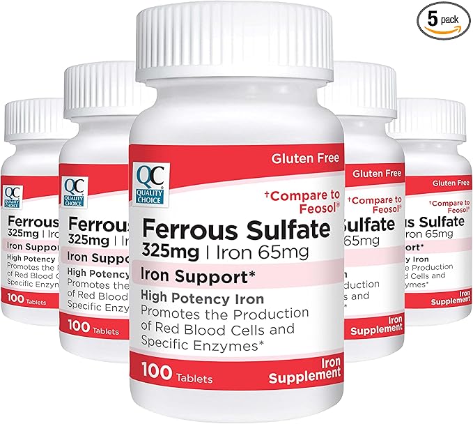 Quality Choice Iron 65 mg (325 mg Ferrous Sulfate) High Potency Iron Support Supplement Tablets in 100 Count Bottles (5 Pack)