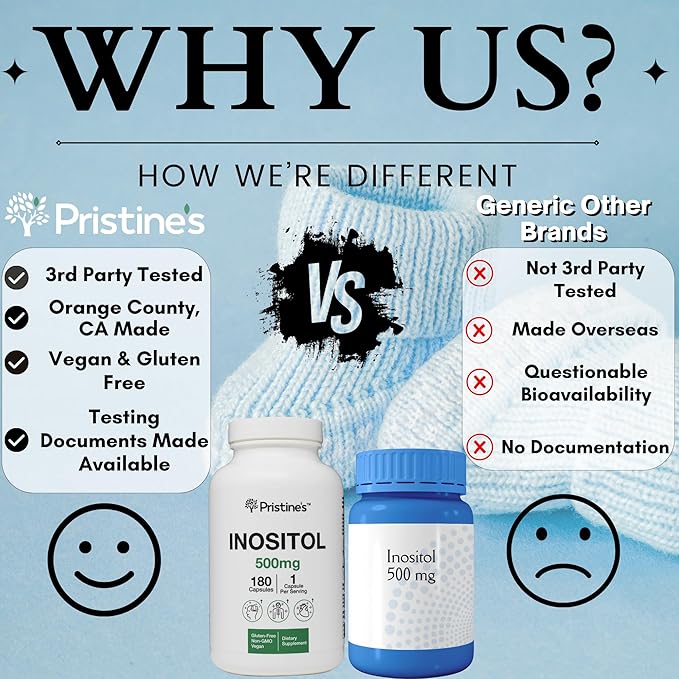 PRISTINE'S Myo Inositol PCOS Supplement Capsules - 500mg 180 Day Supply - Healthy Hormonal, Ovarian & Fertility Support Supplements - Vegan, Gluten Free, Non GMO
