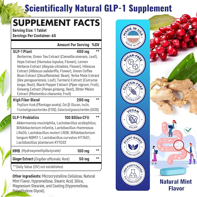 GLP-1 Supplement for Women & Men, Natural GLP-1 Support, 26 in 1 with Akkermansia Probiotic, Berberine, Inulin, Turmeric, HMB, GLP1 for GLP 1 Levels, Metabolism*, Digestive & Gut Health - 60 Count