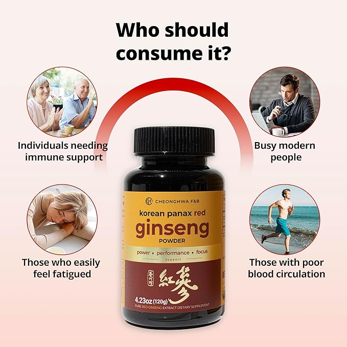 CHEONGHWA F&B Panax Ginseng Powder, 10% Ginsenoside (Total 20,000mg, 4 Month Supply), 4.23oz, +5 Year Grown Korean Red Panax Ginseng, Focus & Immune Support, Ultra-fine Powder, Non-GMO