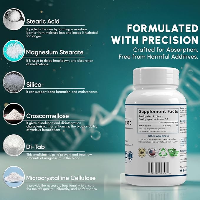 400 mg Pure Magnesium Glycinate 180 Tablets Non Buffered High Absorption Non-GMO Promotes Cardiovascular Health Supplement for Stress Relief, Sleep, Heart Health, Ease Muscles, Calm Headaches, Nerves