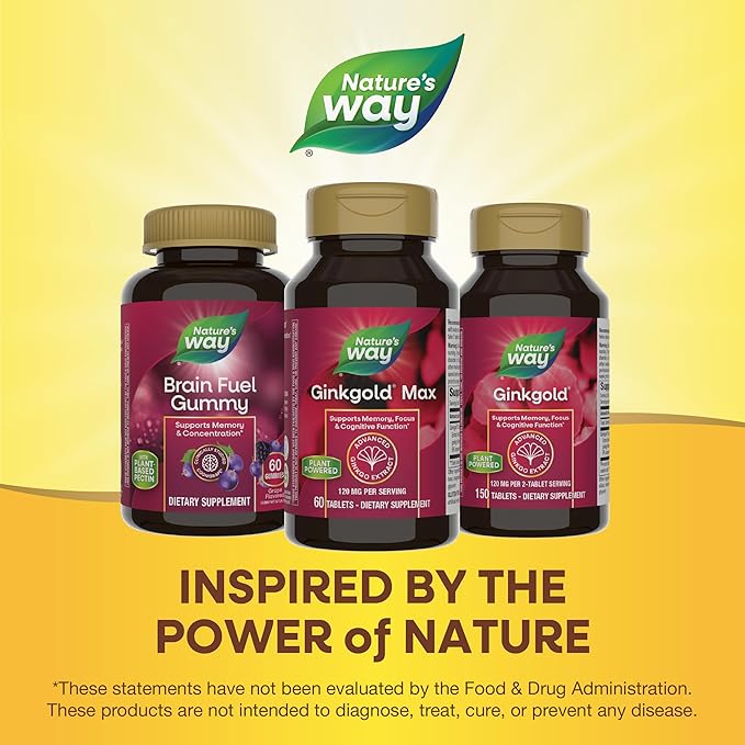 Nature's Way Ginkgold Max Advanced Ginkgo Extract, Supports Memory, Focus, and Concentration, and Cognitive Function*, Gluten free, Vegan, 60 Vegan Tablets (Packaging May Vary)