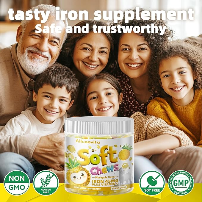 Iron Soft Chews Supplement with Vitamin C | Pineapple Flavored | Gluten Free | Iron Supplement for Women Men and Kids | 60 Count | 2 Month Supply