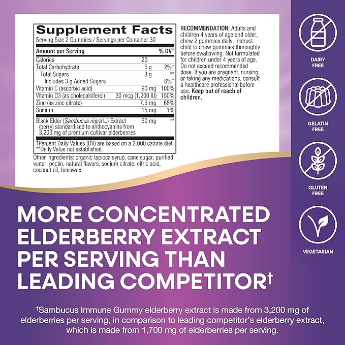 Nature’s Way Sambucus Elderberry Immune Gummies, Daily Immune Support for Kids and Adults*, with Vitamin C, Vitamin D3, Zinc, Gluten Free, Vegetarian, 60 Gummies (Packaging May Vary)