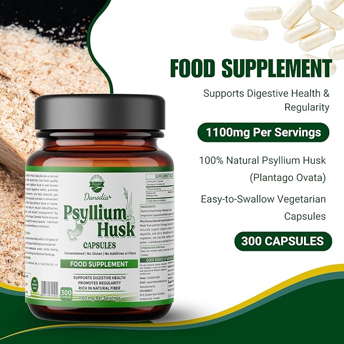 Danodia Foods Psyllium Husk Capsules – 300 Count | Veg Capsules | No additives or Filers | Gluten-Free, Non-GMO | Natural Fiber Supplement | No Artificial Colors or Preservatives