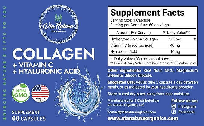 Collagen + Vitamin C + Hyaluronic Acid | Hydrolized Peptide | Specially formulated for Women | Type I, II and III | 60 Capsules