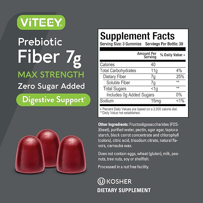 VITEEY Prebiotic Fiber Gummies for Adults, 7g - Zero Sugar Added - Fiber Supplement for Digestive Health Regularity & Natural Weight Support - Vegan, Gelatin Free - Chewable Fruit Flavored Gummy