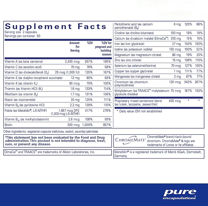 Pure Encapsulations PreNatal Nutrients - for Pregnancy & Lactation - Aids Energy & DNA Development* - with Folate, Choline & Iron - Gluten Free & Non-GMO - 120 Capsules