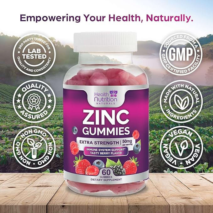 Zinc Supplement 50mg Gummies for Adults - Max Strength Skin Health & Immune Support Gummy, Vegan, Non-GMO & Gluten Free, Nature’s Antioxidant & Bone Health Chewable Zinc Vitamins - 60 Gummies