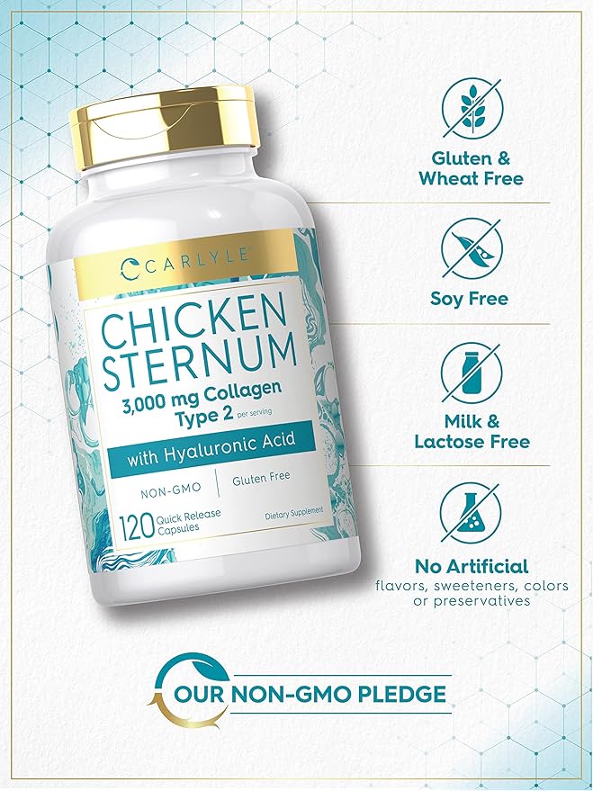 Carlyle Chicken Sternum Cartilage Collagen Capsules | Type II 3000mg | 120 Pills | with Hyaluronic Acid | Non-GMO, Gluten Free
