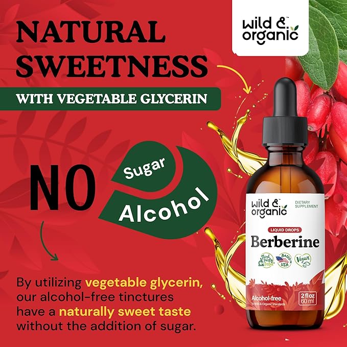 Wild & Organic Berberine Liquid Drops - 500mg Berberine Supplement HCL for Overall Support - Natural Extract Tincture - Vegan, Alcohol & Sugar-Free - 2 fl oz