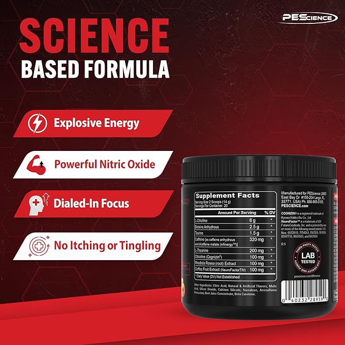 PEScience Pre Workout Stack – Prolific & High Volume, Sour Peach Candy, Nitric Oxide Booster – 40 & 36 Scoops, L Arginine Nitrate, L Citrulline, Pre Workout Powder for Men & Women