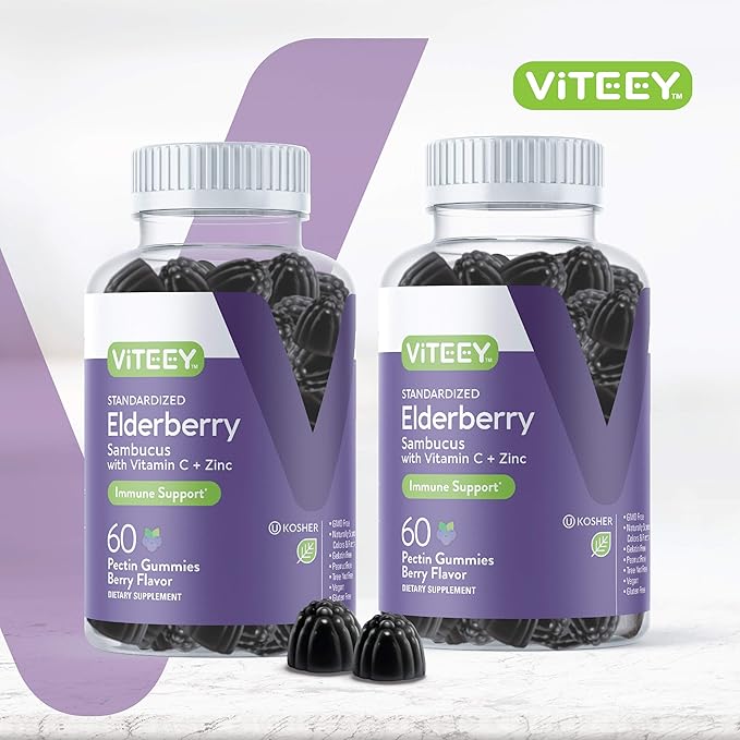 Viteey Sambucus Elderberry Gummies for Adults – Elderberry Vitamin C and Zinc Immunity Gummies - Vegan, Gluten-Free – 120 Count