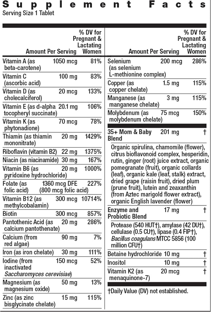 Rainbow Light 35+ Mom and Baby Multivitamin, Prenatal Vitamins Provide High-Potency Mom's Health and Baby's Development Support, With Folate and Iron, Vegetarian, 60 Count