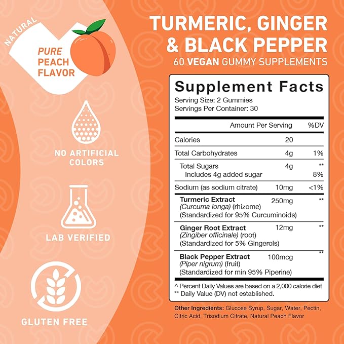 Turmeric and Ginger Supplement Gummies with Black Pepper, Joint Support Curcumin Chewables with Delicious Flavor – Gluten Free, Non-GMO, Vegan, 60 Count