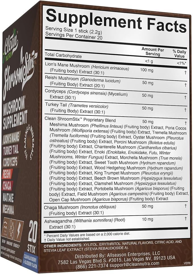 Clean Nutraceuticals Lions Mane 24in1 Mushroom Supplement with Turkey Tail Reishi Cordyceps Chaga Maitake Shiitake Enoki Oyster Porcini Tremella – 20 Easy to Take Shroom Stix