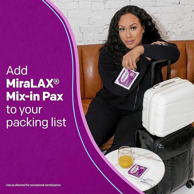 MiraLAX Gentle Constipation Relief Laxative Powder, Stool Softener with PEG 3350, No Harsh Side Effects, 1 Doctor & OBGYN Recommended, Single Dose Mix-in Pax, Travel Pack, 24 Dose