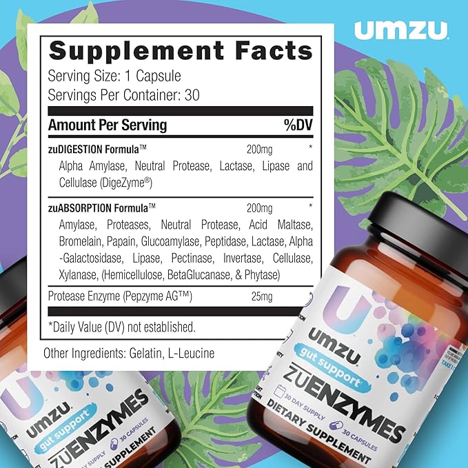 UMZU ZuEnzymes Digestive Enzymes Supplement | 21 Enzymes for Gut Health Support, Digestion & Nutrient Absorption | Helps Break Down Lactose, Carbs, Proteins & Fats (30 Day Supply | 30 Capsules)