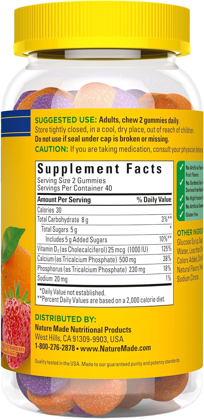 Nature Made Calcium Gummies 500 mg Per Serving with Vitamin D3, Dietary Supplement for Bone Support, 80 Gummies, 40 Day Supply (Pack of 3)