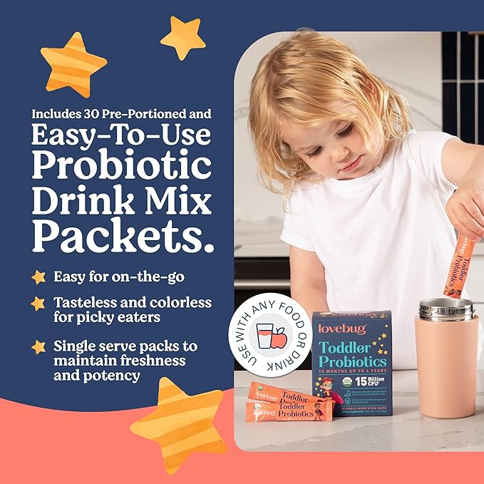 Lovebug Award Winning Probiotics | Constipation & Stomach Discomfort | Softer Bowel Movements | Easy-to-Take Powder | Ages 12 Months to 4 Years | 60 Packets
