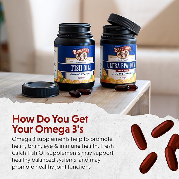 Barlean's Fish Oil Omega 3 Supplement, EPA and DHA Fatty Acid Softgels, 1000mg Orange Flavored Fish Oil Pills, 100 Count