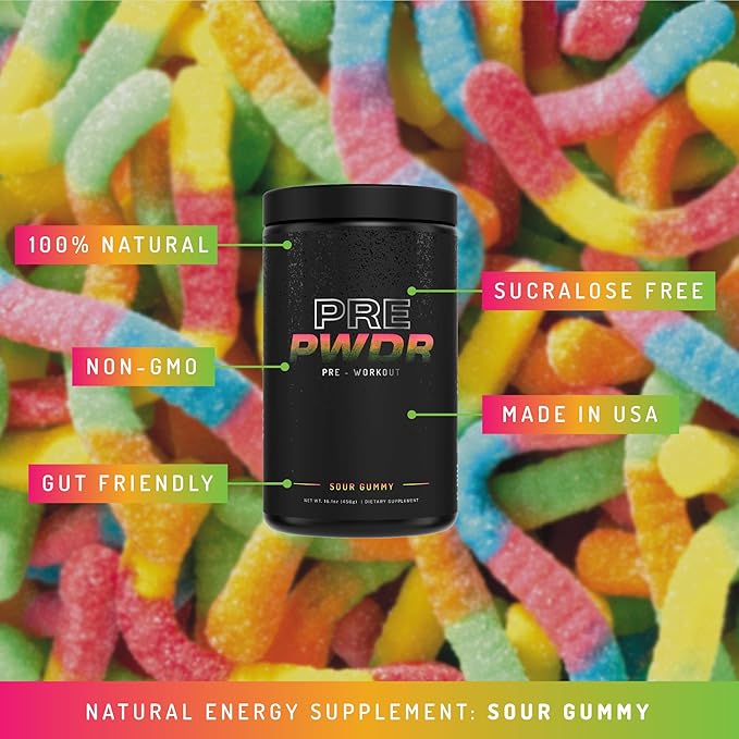 PWDRS Pre-Workout Powder, All Natural Pre Workout for Energy, Pump, Endurance & Strength, with Caffeine (Sour Gummy)
