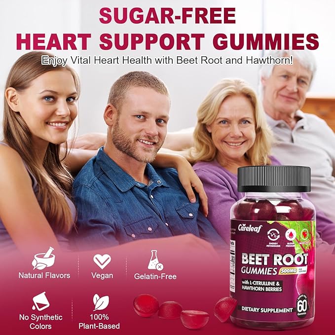 Sugar Free Vegan Beet Root Gummies for Blood Pressure, Beetroot Gummies with L-Citrulline and Hawthorn Extract, Peach Flavor Beet Chews for High Blood Pressure, 60 Count