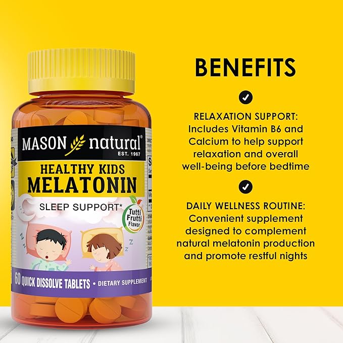 MASON NATURAL Healthy Kids Melatonin, for Children, Supports a Healthy Sleep, Fast Acting, Fruit Flavored, 60 Quick Dissolve Tablets