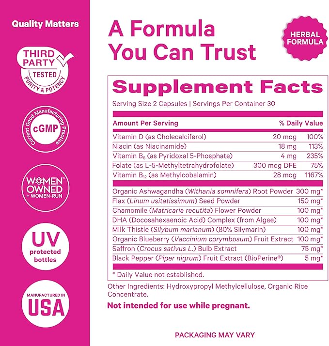 Pink Stork Cortisol Complex - Organic Ashwagandha, Omega 3 DHA, Saffron - Mood Balance, Stress Management, Energy Levels for Women - 60 Count