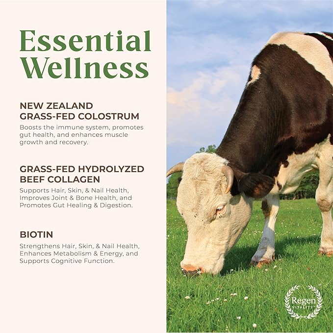 Grass-Fed Colostrum & Collagen Powder | Gut Health, Hair, Skin & Joint Support | New Zealand Bovine Colostrum, Hydrolyzed Collagen Peptides, 300mcg Biotin | Vanilla Bean | 28 Servings