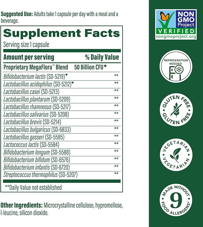 MegaFood MegaFlora Probiotic Plus - Probiotics for Women Digestive Health- Probiotics for Men - 50 Billion CFUs & 14 Strains - Immune Support Supplement - Vegetarian - 30 Capsules, 30 Servings