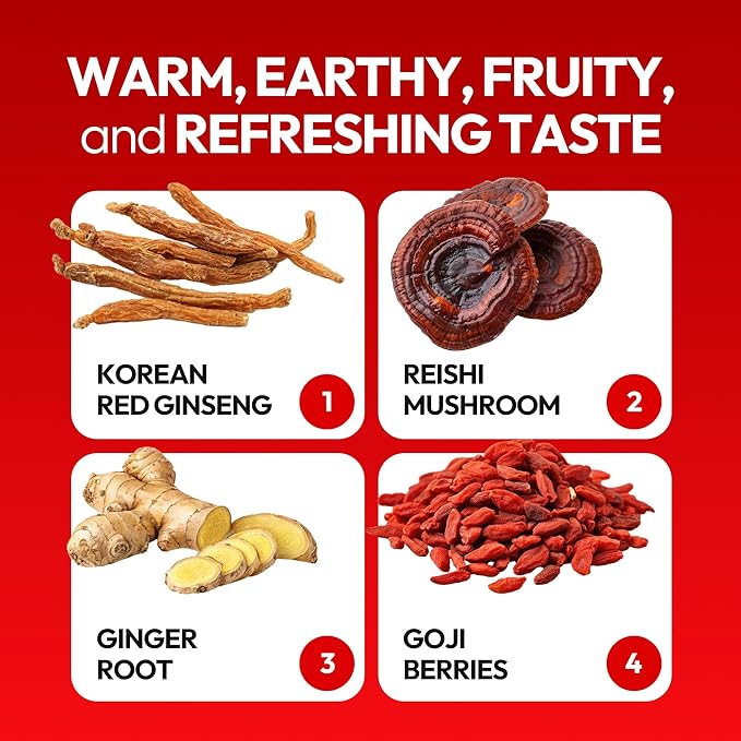 HongSamWon Plus - Korean Red Ginseng Tea, Pre and Post Workout Herbal Energy Drink with Jujube & Reishi Mushroom - Caffeine Free, Gluten Free, Non-GMO (30 Pouches, 1.69 fl oz)