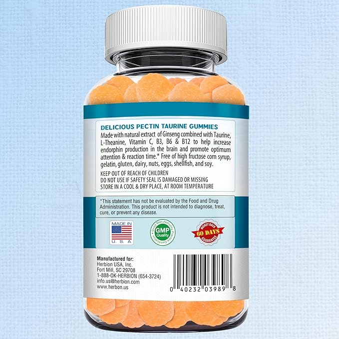 HERBION Naturals Taurine Gummies with Ginseng, L-Theanine, Vitamin C, B3, B6, & B12, Support Mental Clarity & Concentration*, Natural Peach Flavor, Gluten-Free, USA Made, 60 Gummies