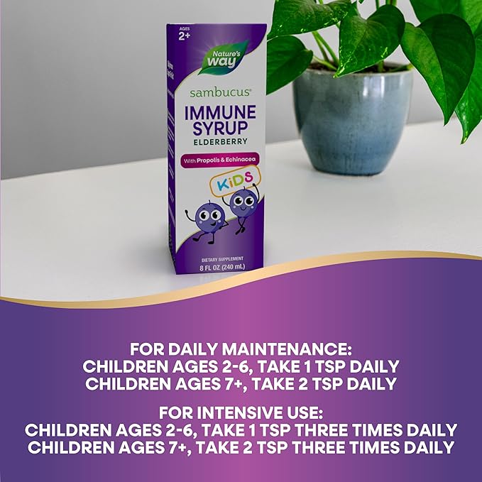 Nature's Way Sambucus Elderberry Immune Syrup for Kids Ages 2+, with Echinacea & Propolis, Daily Immune Support*, Vegetarian, Berry Flavored, 8 Fl Oz