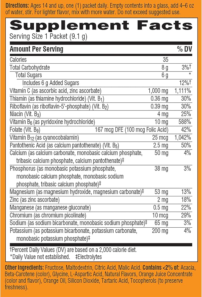 Emergen-C 1000mg Vitamin C Powder for Daily Immune Support Caffeine Free Vitamin C Supplements with Zinc and Manganese, B Vitamins and Electrolytes, Super Orange Flavor - 10 Count